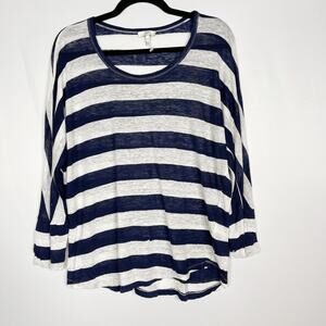 Joie XSmall XS Navy Blue White Striped Linen Scoop Neck 3/4 Sleeve Top Womens